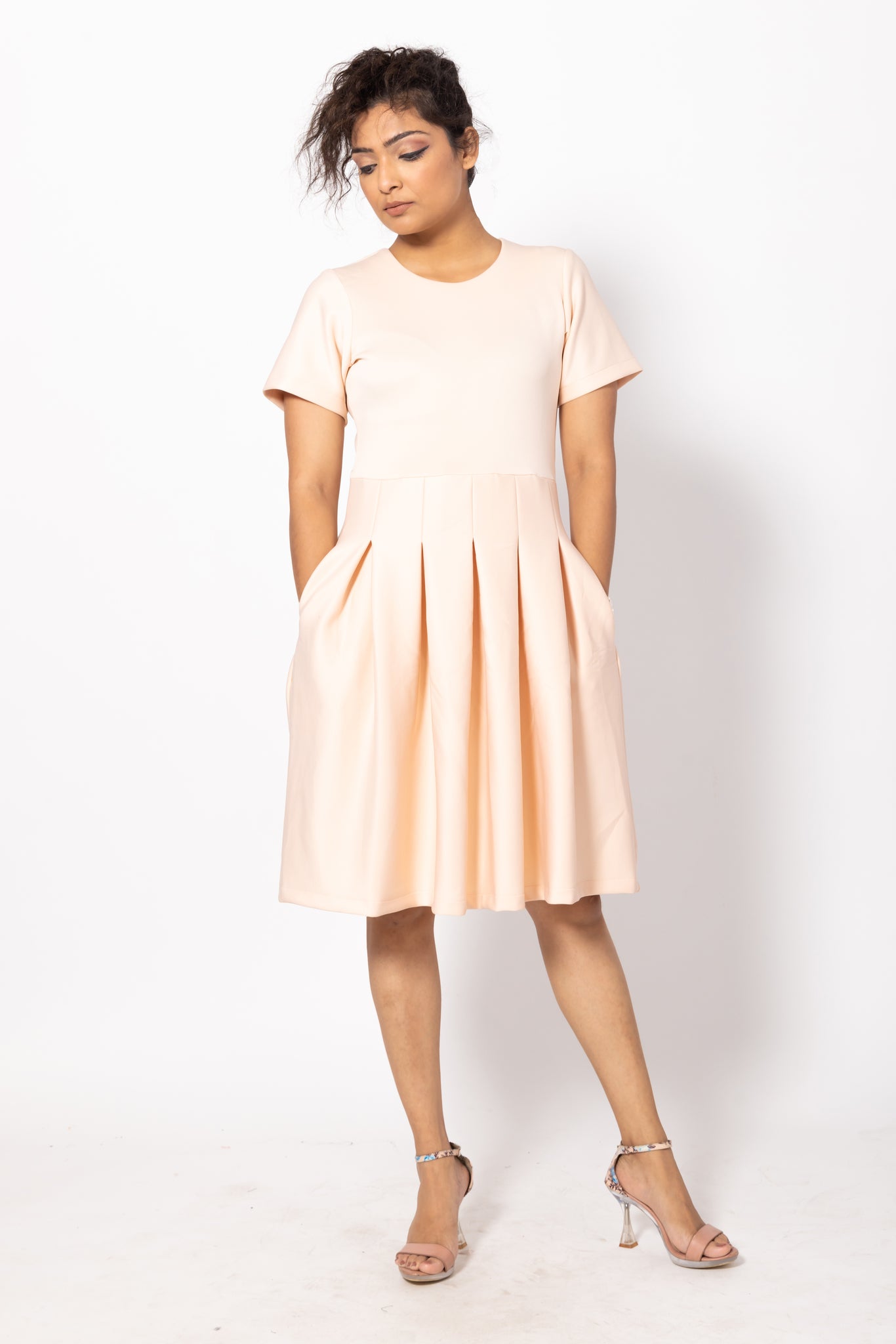 Peach Tuck Pleated Dress with Side Pockets