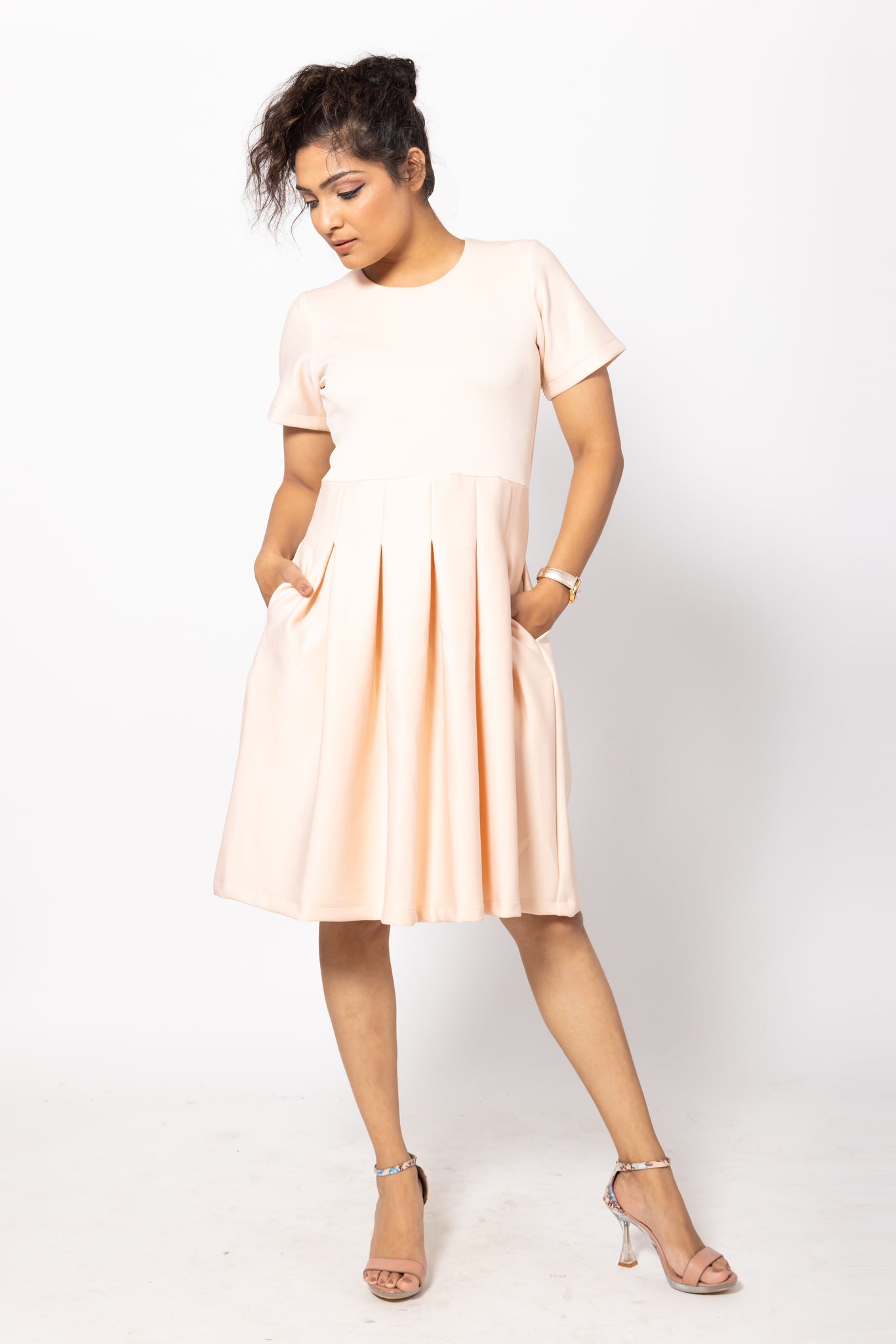 Peach Tuck Pleated Dress with Side Pockets