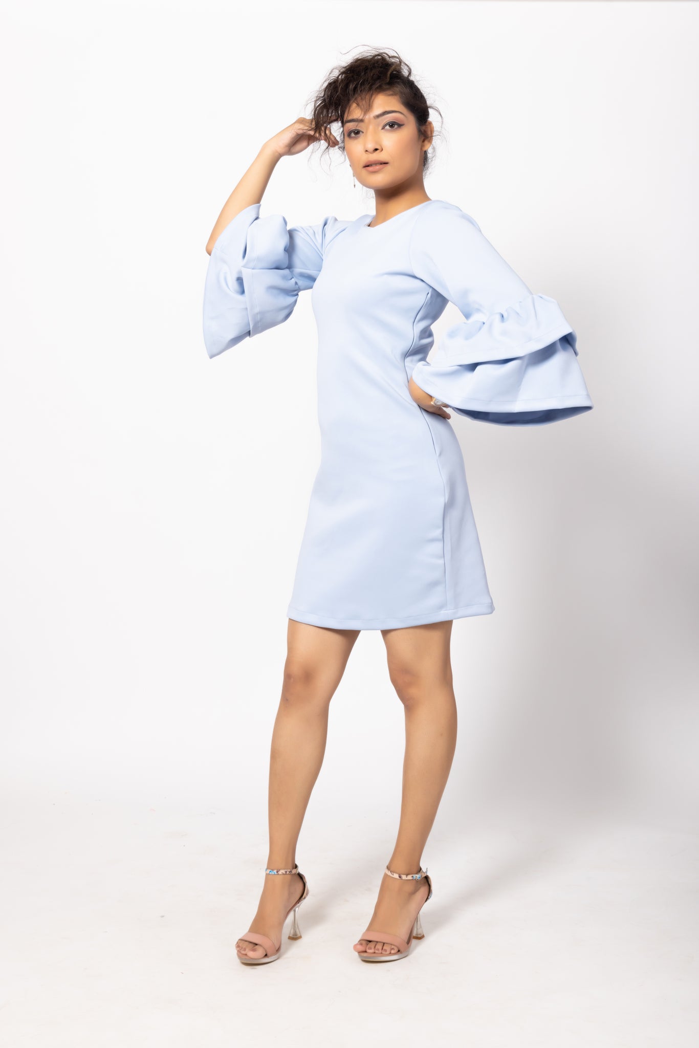 Light Blue Bodycon Dress with Double Bell-Shaped Sleeves for Women by