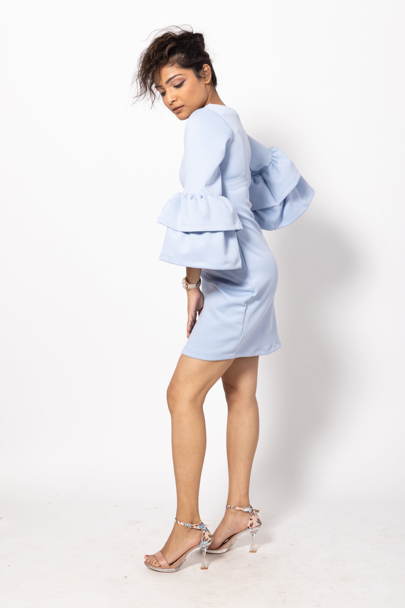 Light Blue Bodycon Dress with Double Bell-Shaped Sleeves for Women by