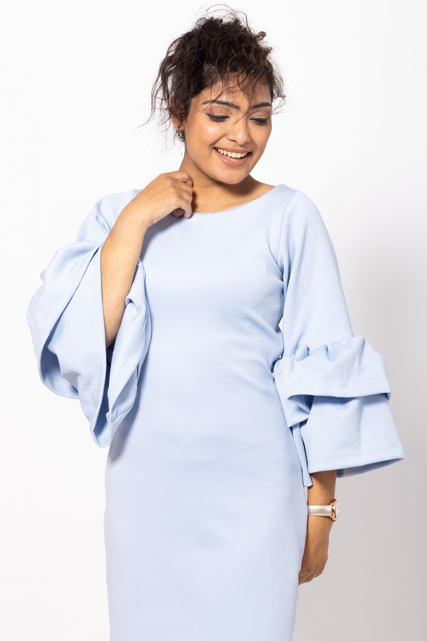 Light Blue Bodycon Dress with Double Bell-Shaped Sleeves for Women by