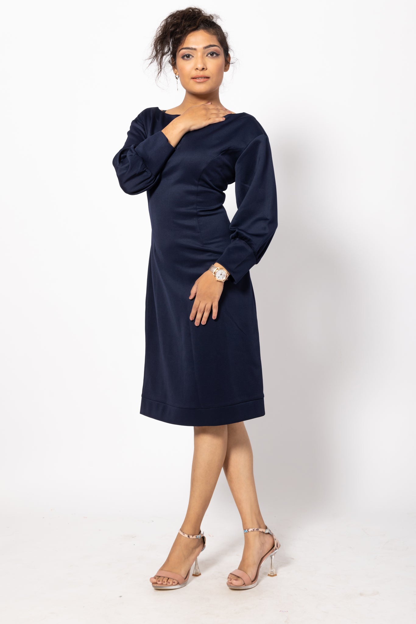 Navy Blue Bodycon Fitted Dress with Cuffed Sleeves for Women by Home of