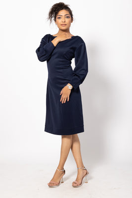 Navy Blue Bodycon Fitted Dress with Cuffed Sleeves