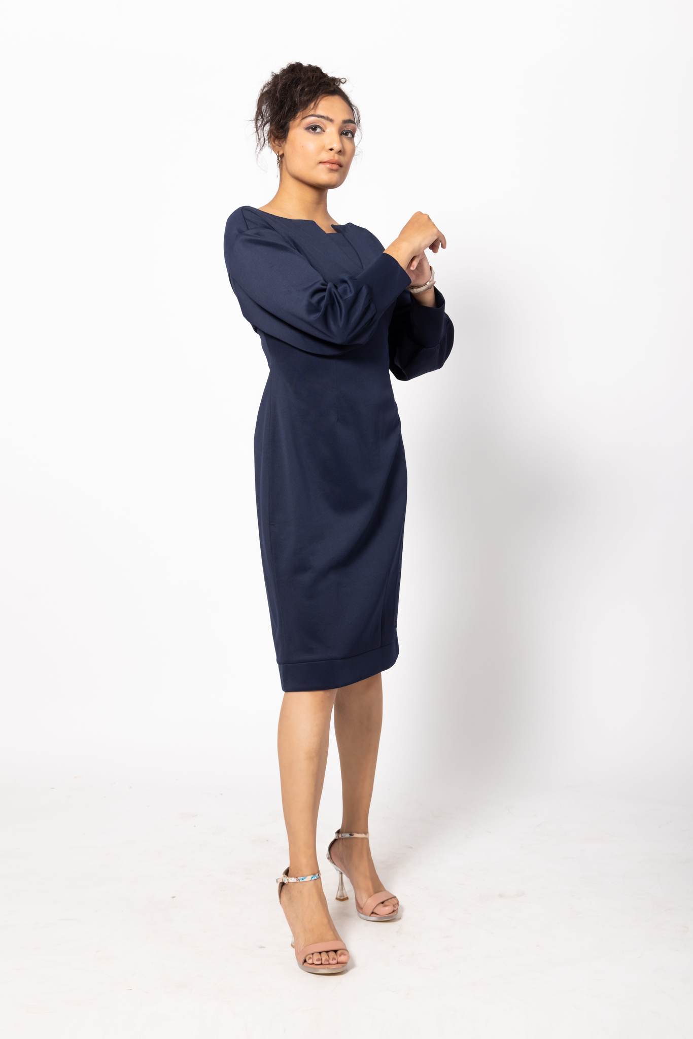 Navy Blue Bodycon Fitted Dress with Cuffed Sleeves for Women by Home of