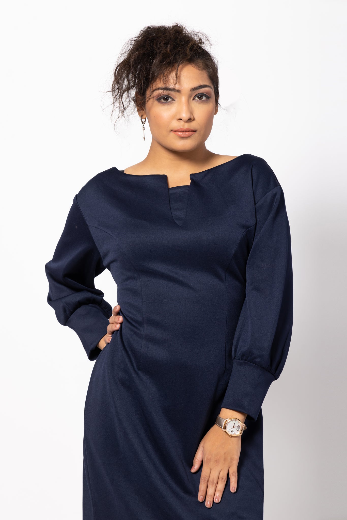 Navy Blue Bodycon Fitted Dress with Cuffed Sleeves for Women by Home of