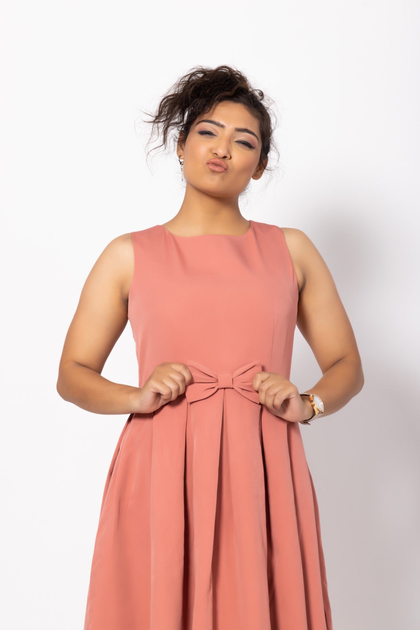 Blush Pink Box Pleated Sleeveless Dress with a Bow