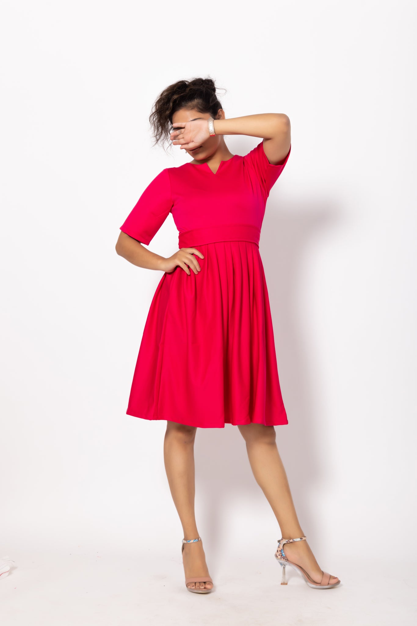 Bright Barbie Pink Fit and Flare Pleated Dress for Women by Home of Emily