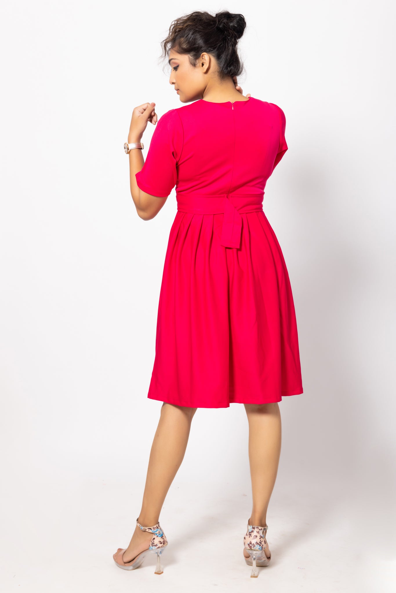 Bright Barbie Pink Fit and Flare Pleated Dress for Women by Home of Emily