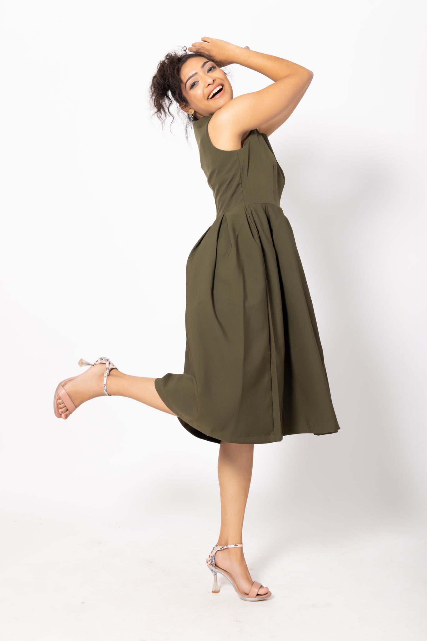 Box Pleated Green Sleeveless Dress for Women by Home of Emily Box Pleated Green Sleeveless Dress for Women by Home of Emily