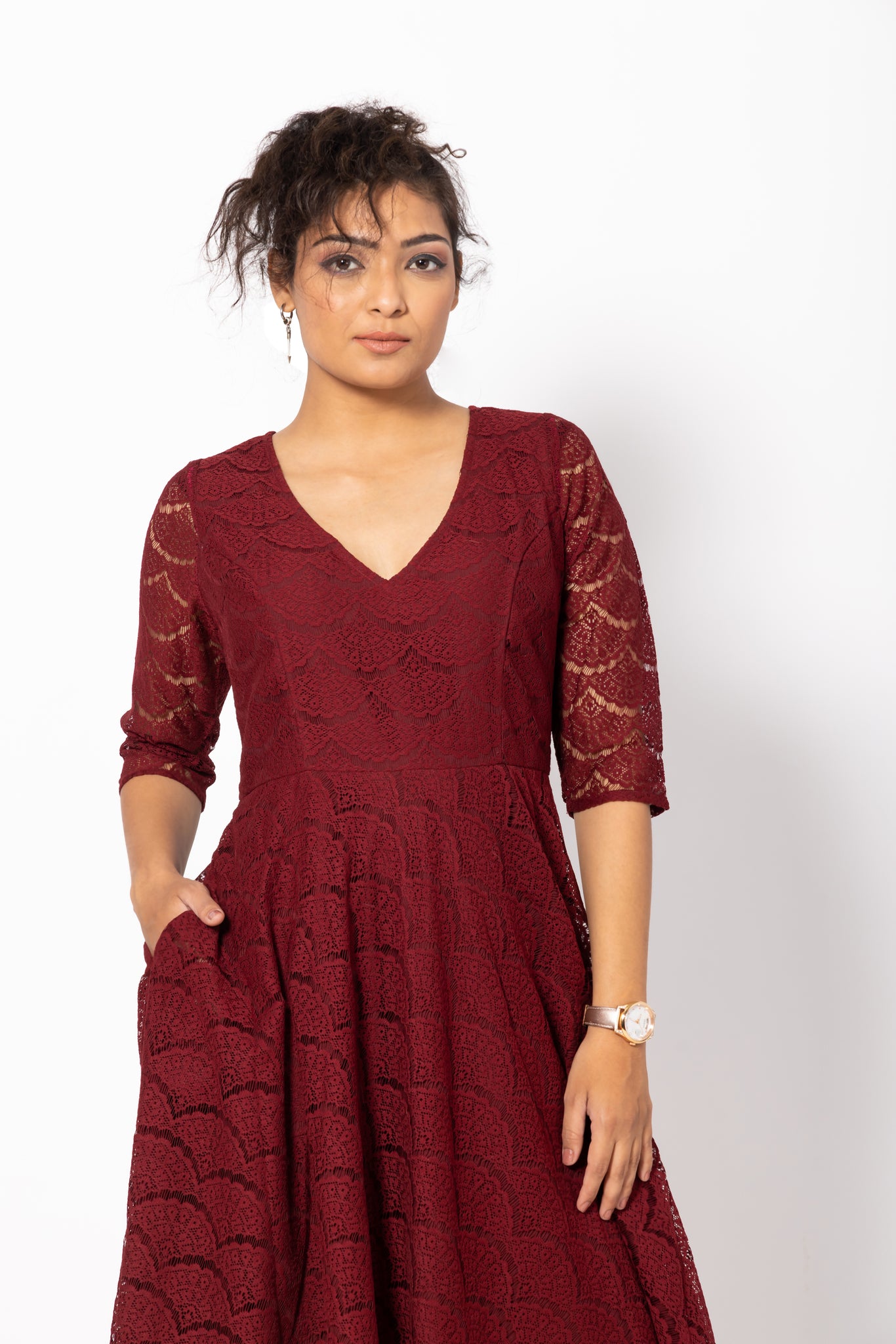 Maroon A-Line Lace Dress with a V- Neck
